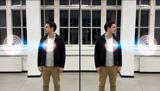 Mirrored men standing with circular target projections suggesting symmetry and balance