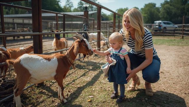 Toddler Petting Goat at Farm with Smiling Mother Under Sunshine