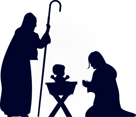 Nativity silhouette with infant in manger and staff on transparent backdrop