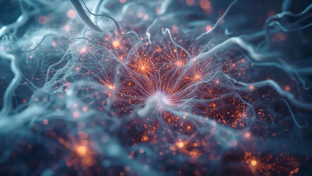 Futuristic Network of Translucent Branching Fibers with Glowing Orange Synapses