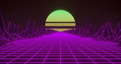 Retro Futuristic Pink Geometric Landscape with Vibrant Green Sun