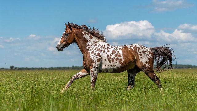 Chestnut leopard appaloosa trotting through lush pasture under blue sky, mane blowing
