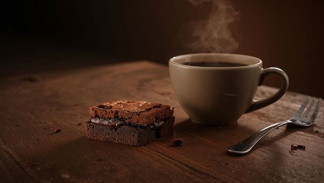 Steaming coffee cup beside fudgy chocolate brownies on rustic wooden table with fork