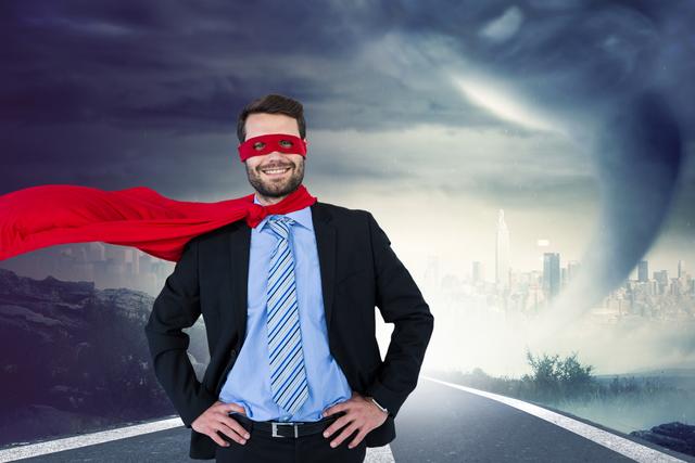 Businessman standing confidently on a country road, wearing a superhero costume with a red cape and mask. The background shows a dramatic, stormy sky, symbolizing challenges and adversities. The juxtaposition represents the combination of professional life and superhero-like perseverance. Ideal for use in concepts related to business challenges, leadership, determination, overwhelming odds, overcoming challenges, success in corporate world, and inspirational themes.
