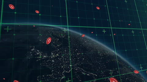 Digital Animation of Rugby Balls Orbiting Earth with Technology Grid