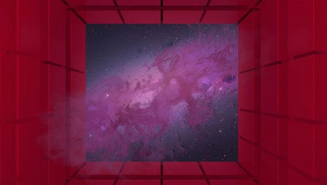 Futuristic Red Grid Framing a Cosmic Nebula