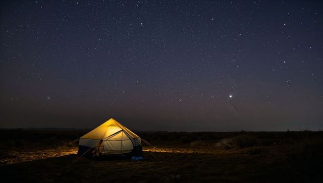 Glowing dome tent illuminating remote plain beneath vast starry night sky