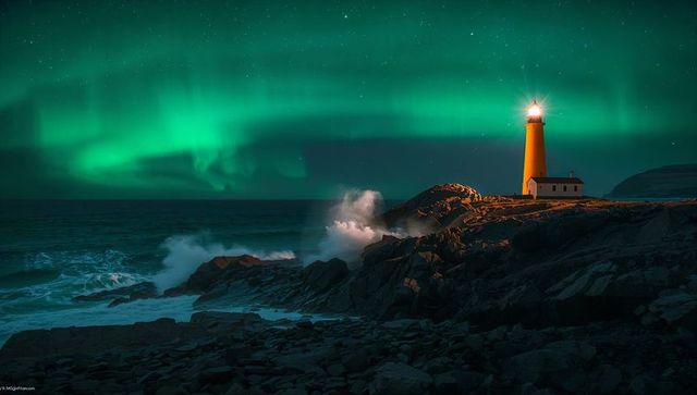 Lighthouse beacon guiding rugged rocky coastline under vibrant aurora borealis night sky