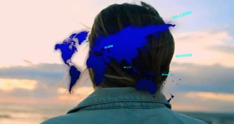 Woman Analyzing Data with World Map at Shoreline Sunset