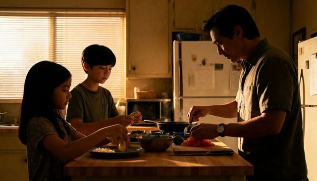 Father and children cooking together chopping tomatoes and greens on wooden kitchen island