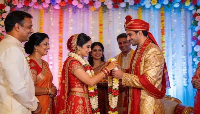 Indian couple exchanging floral garlands during colorful traditional wedding ceremony