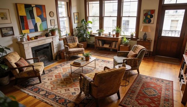 Cozy midcentury living room with four armchairs around low coffee table and fireplace