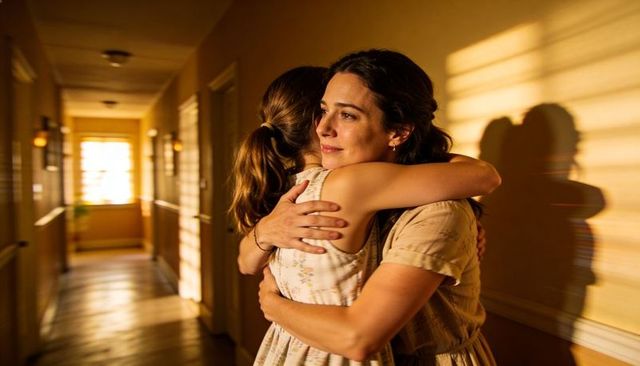 Mother and daughter hugging in sunlit hallway golden hour warm embrace and tender reunion