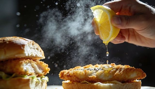 Squeezing lemon over crispy breaded fish sandwich with golden juice drips and steam