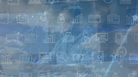 Abstract Network Diagram with Financial Icons and Graphs