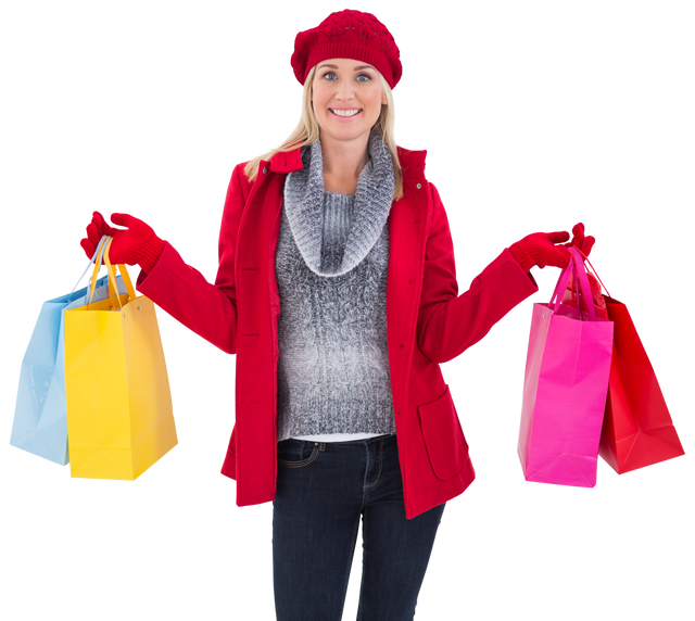 Blonde woman in winter clothing holding colorful shopping bags transparent background - Download Free Stock Videos Pikwizard.com