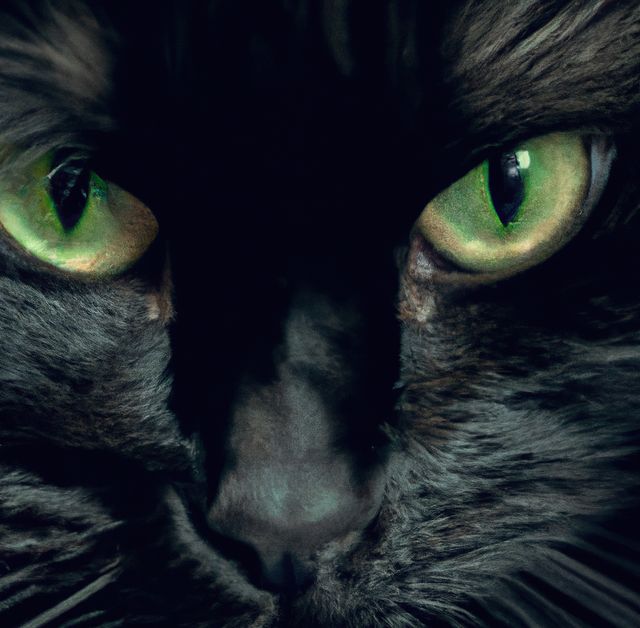 Close-up image of a black cat's face showing its piercing green eyes. Suitable for use in articles about pets, cats, animal behavior, or illustrating mystery. Ideal for calendar covers, posters, and online content focusing on animals or Halloween themes.