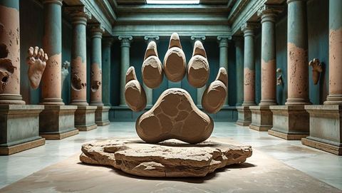 Levitating paw sculpture in ancient marble hall