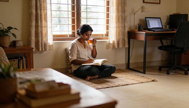 Woman journaling with tea on woven rug by window in cozy home office with natural light