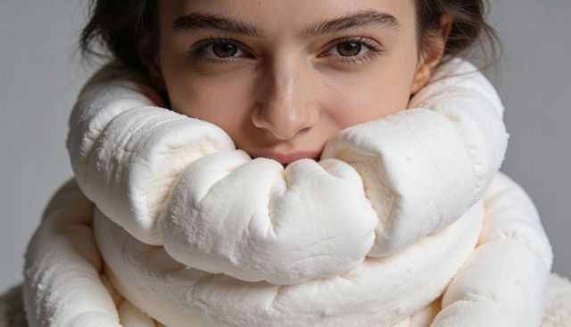 Teenage woman wearing oversized plush padded scarf wrapping neck and face, closeup portrait