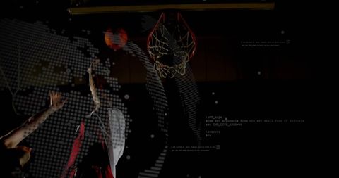 Leaping basketball player dunking through digital code and world map overlay in dramatic arena