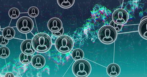 Connecting user avatars across glowing digital network with neon nodes and particle mesh