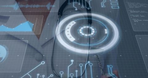 Female clinician using futuristic hud diagnostics with stethoscope and health analytics