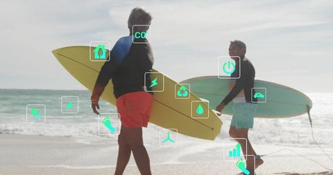 Senior couple enjoying surfboard adventure at sunny beach