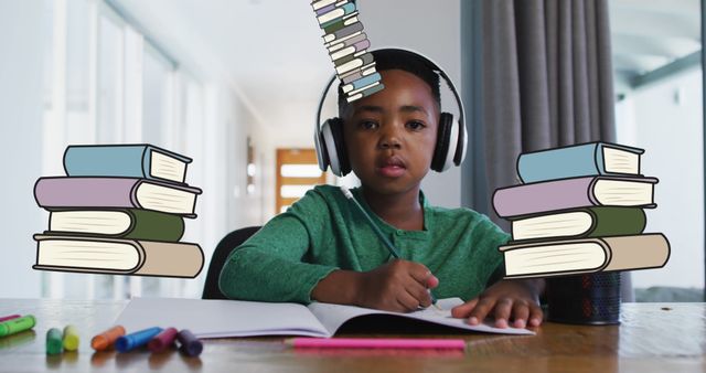 Image of school items over african american boy learning at home. education, learning and schooling concept digitally generated image.