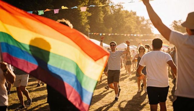 Sunlit pride festival celebrating diversity with rainbow flag waving and joyful crowd