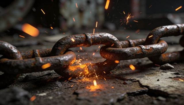 Sparking Rusted Chain Grinding on Cracked Floor, Industrial Metal Links Emitting Embers
