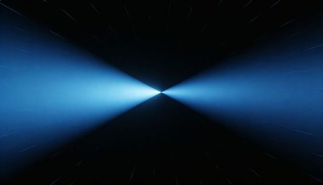 Converging blue light tunnel with central vanishing point and symmetrical radial beams