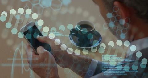Professional Using Smartphone with DNA Helix Overlay in Cafe