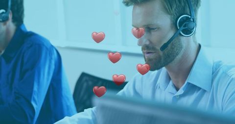 Customer Service Representative with Headset Surrounded by Hearts