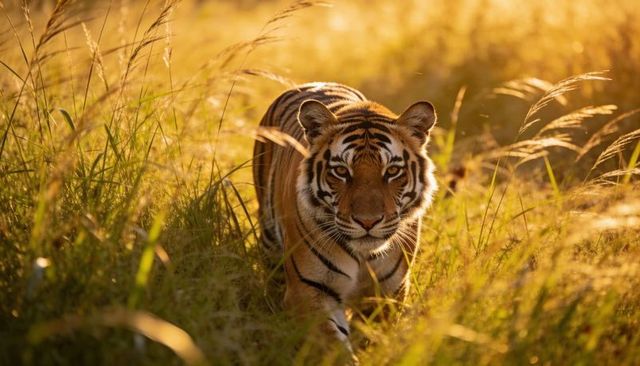 Majestic tiger prowling through sunlit tall grass at golden hour, stalking close-up