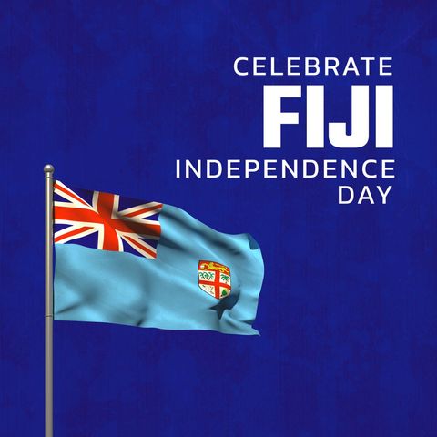 Celebrate Fiji Independence Day with Fluttering National Flag Against Blue Background - Download Free Stock Templates Pikwizard.com