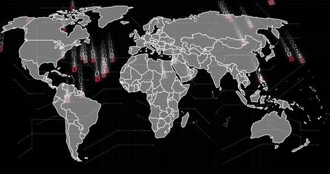 Global Cybersecurity World Map Streaming Binary Data with Red Alert Markers and Grid