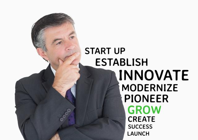 Businessman in suit contemplating words related to innovation and growth. Ideal for use in business strategy presentations, corporate training materials, startup guides, and motivational content for entrepreneurs.