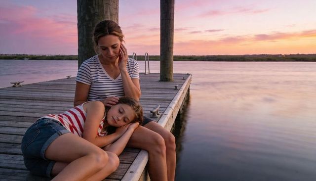 Mother comforting daughter resting on wooden dock by calm water at pastel sunset