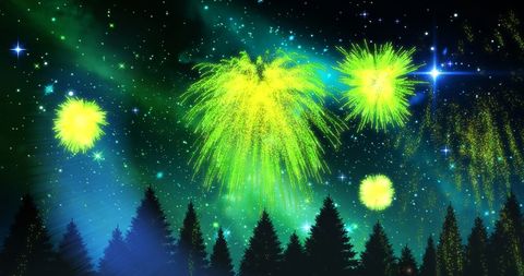 Green Fireworks Illuminating Night Sky Over Silhouetted Trees - Download Free Stock Images Pikwizard.com