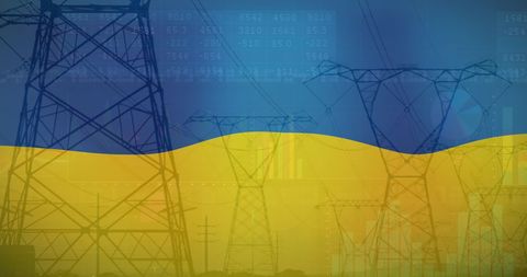 Ukraine flag with electricity poles during economic crisis