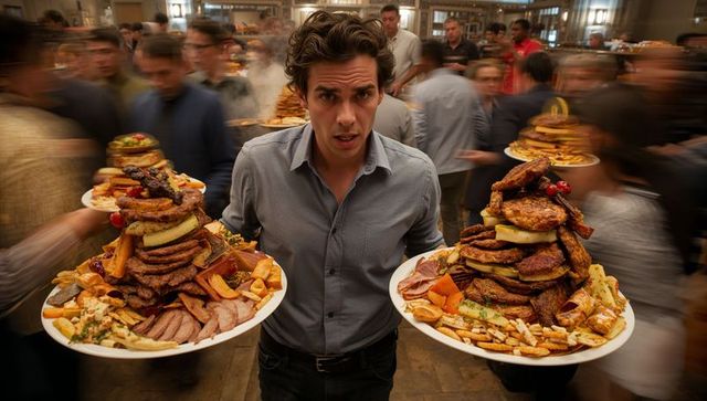 Man carrying towering platters of grilled meats and fries through busy buffet crowd