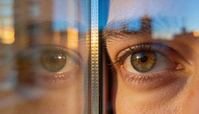 Hazel eye reflection in window close-up showing introspective gaze with urban bokeh
