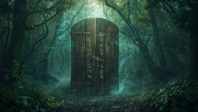 Enchanted door with glowing runes in misty forest