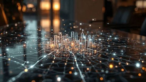 Futuristic Holographic City Projection on Glass Table