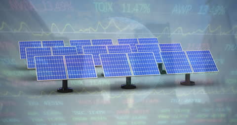 Solar Panels with Financial Data and Global Sustainability Concept