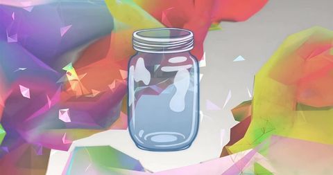 Floating Glass Jar Icon Hovering in Vibrant Low-Poly Abstract with Translucent Triangles