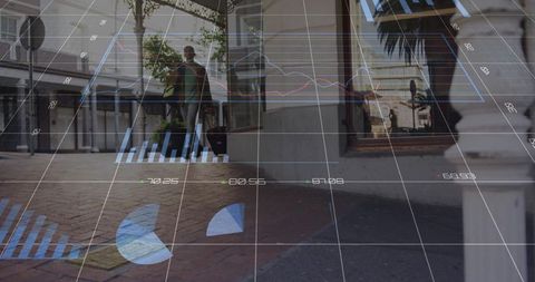 Urban traveler walking and pulling wheeled suitcase along brick sidewalk with hud data overlay