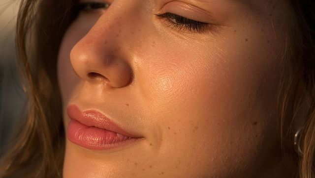 Close-up portrait showing glowing skin, visible pores, freckles, mascara and glossy lips