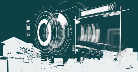 Futuristic financial data analysis over modern cityscape